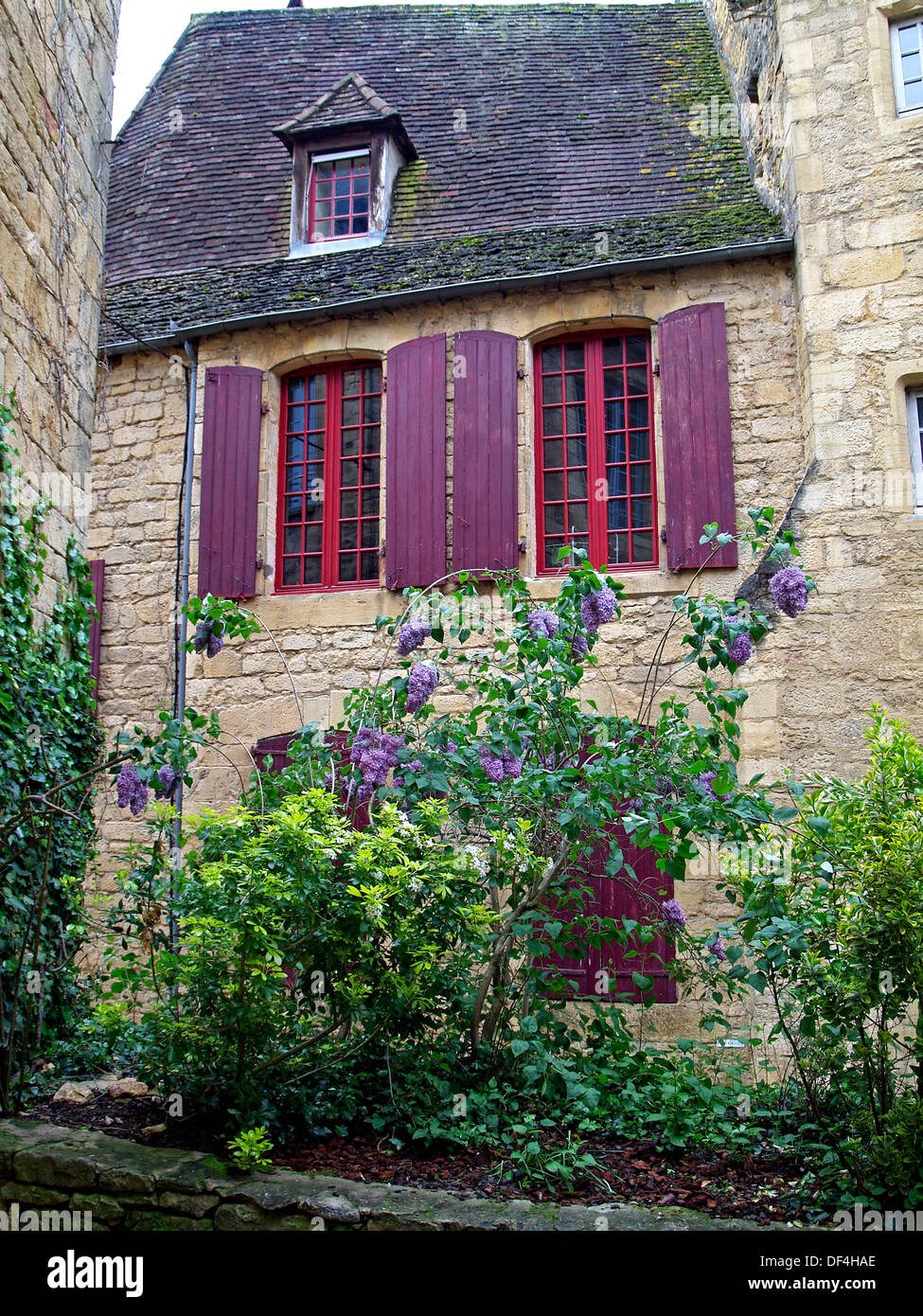Volets et mauve glycine,Sarlat-la-caneda, France Banque D'Images