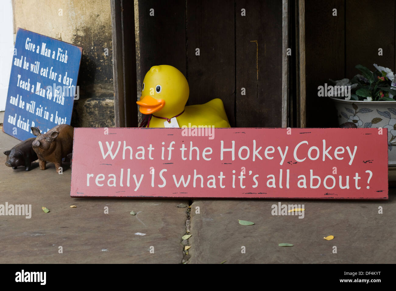 Canard en plastique était assis derrière un panneau en bois indiquant "que si le hokey Cokey est vraiment ce qu'il en est' Banque D'Images