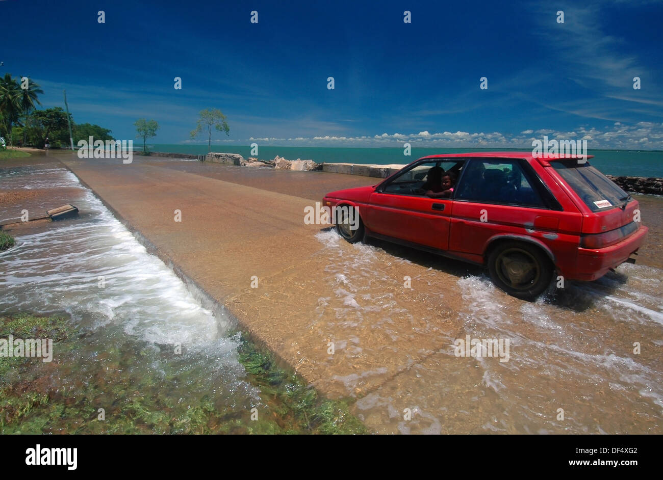 Voiture roulant à travers king tide inondation de Saibai Island, détroit de Torres, Queensland, Australie, 17 février 2011. Pas de PR Banque D'Images