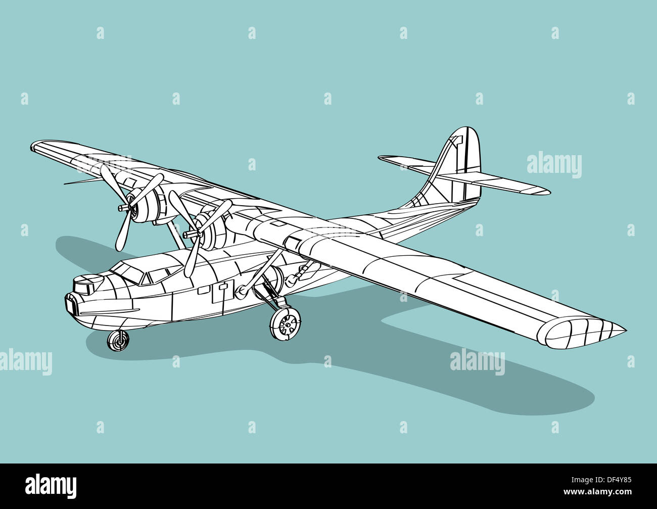 Illustration d'avion hydravion Catalina fait en wireframe isolé sur fond bleu. Banque D'Images