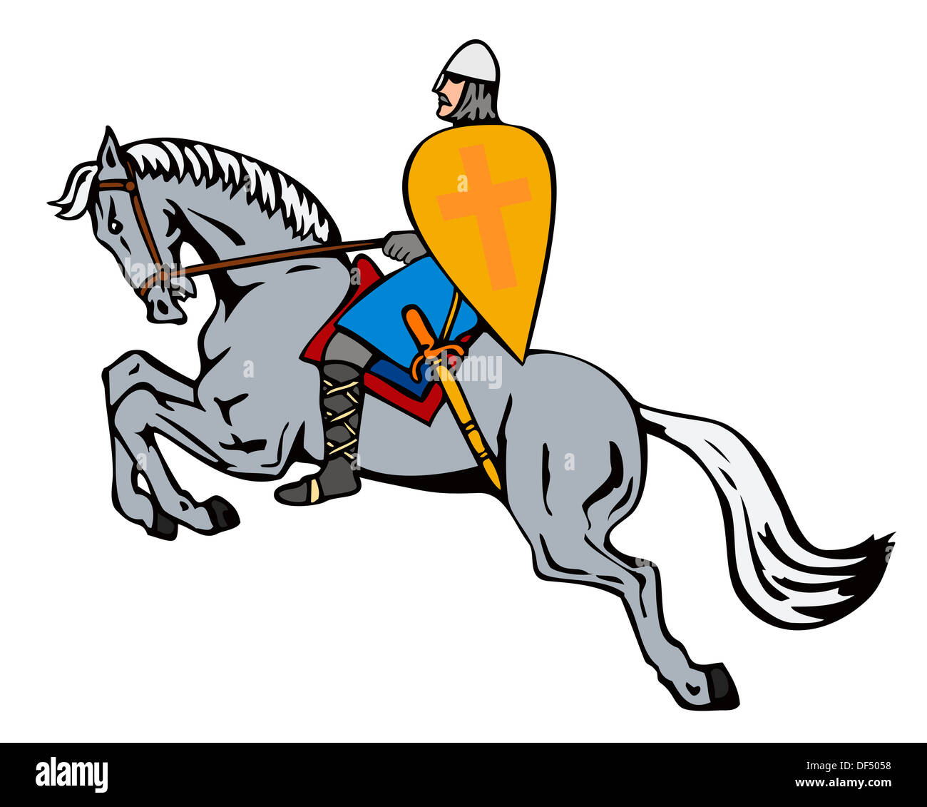 Illustration du chevalier croisé avec bouclier et armure équestre sur l'isolé sur fond blanc fait en style rétro. Banque D'Images