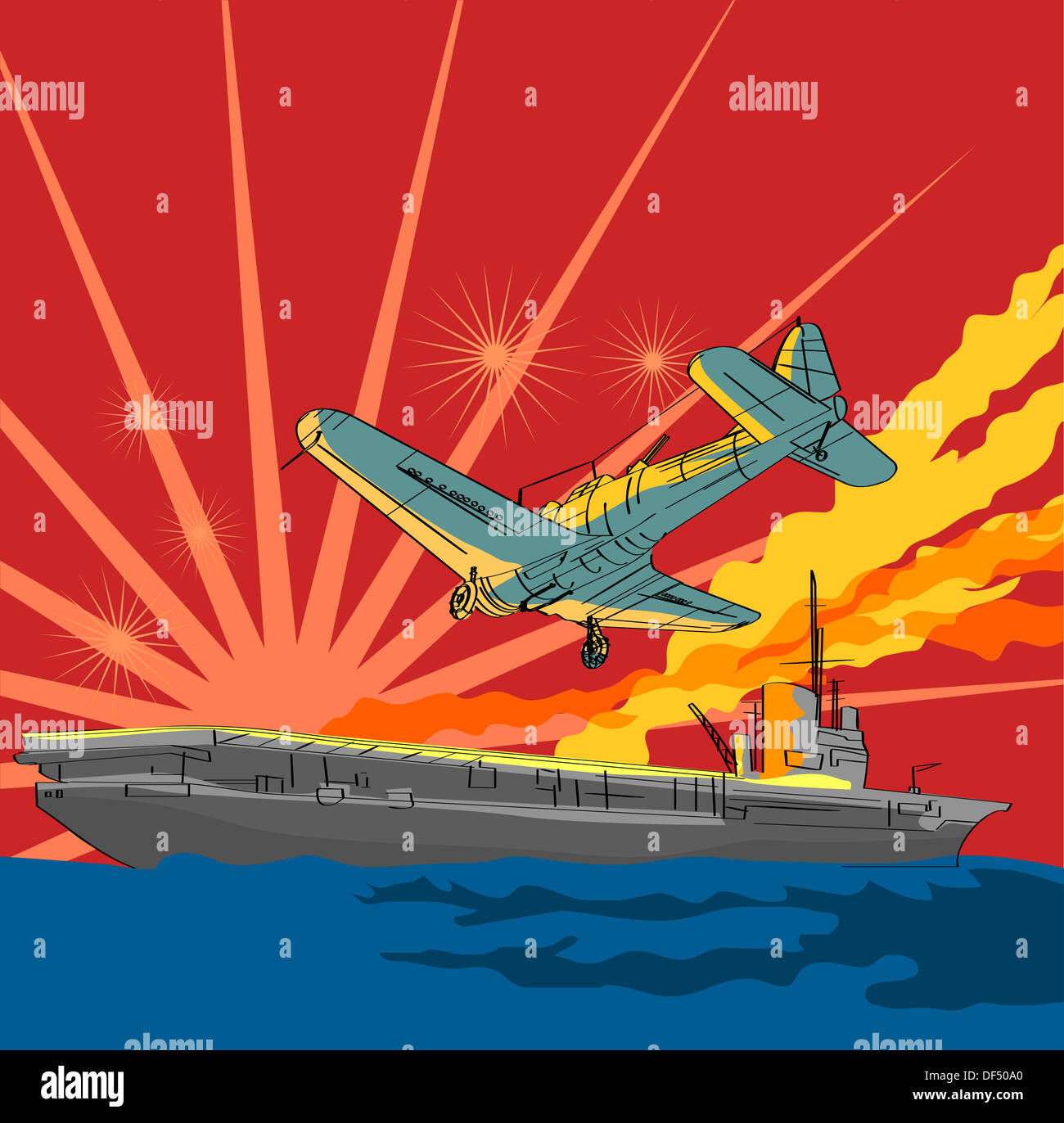 Illustration de la deuxième guerre mondiale avion de chasse bombardier avion attaquant un navire porte-avions fait en arrière-plan avec la solarisation Banque D'Images