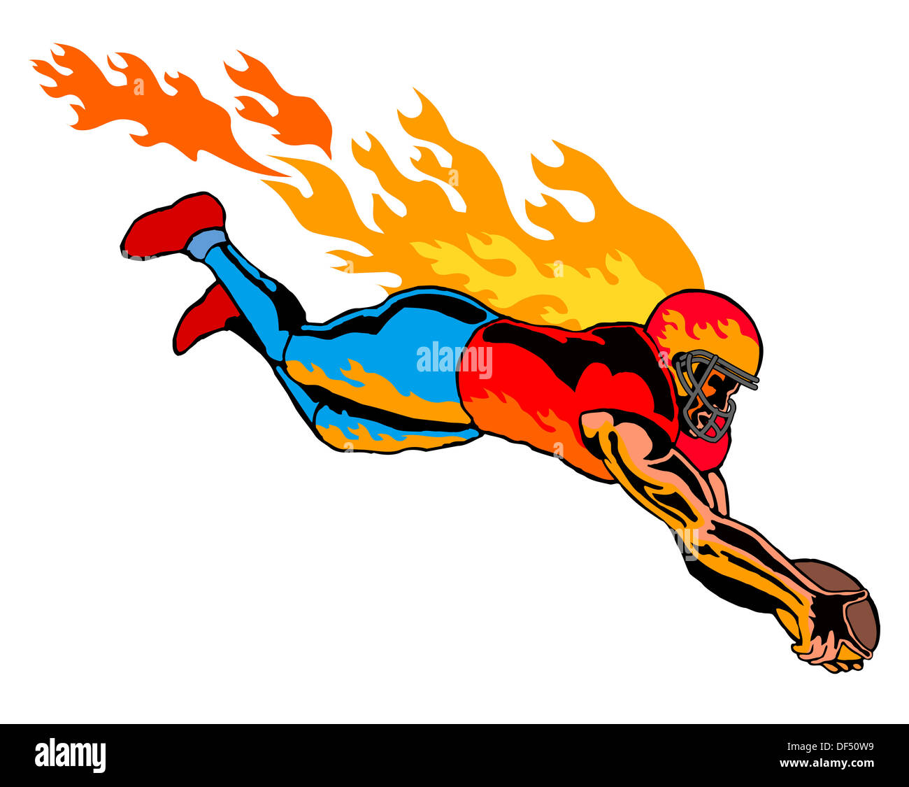 Illustration d'un joueur de football en flammes faire un touché. Banque D'Images