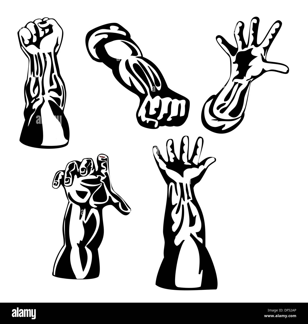 Illustration d'une collection de mains dans différentes positions isolé sur fond blanc fait en style rétro. Banque D'Images