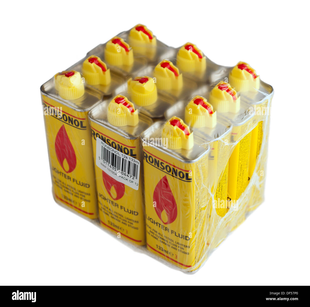 Douze bidons d'essence à briquet Ronsonol enveloppé de cellophane Banque D'Images