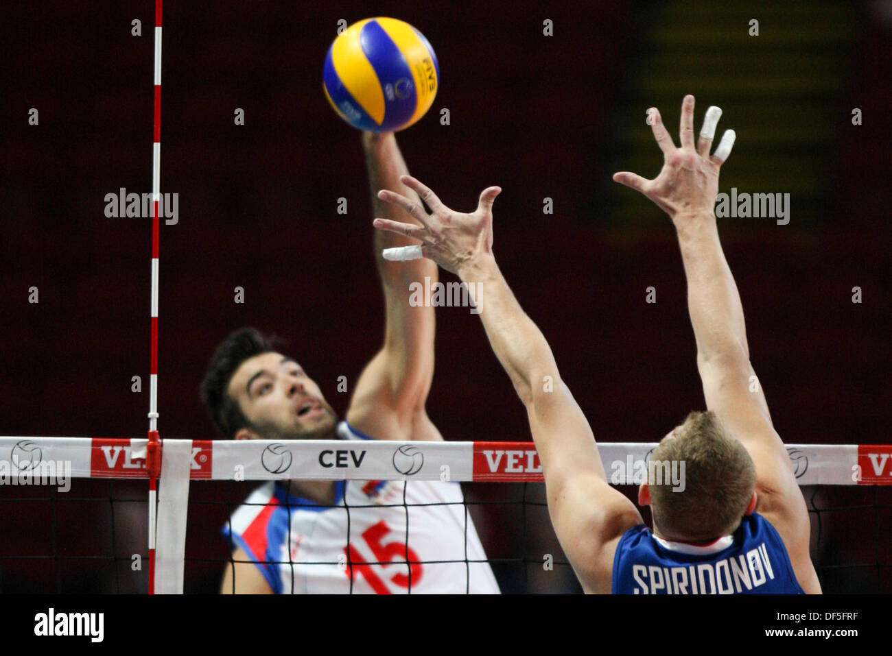 28.09.2013, Kopenhaga, siatkowka, volley-ball, Mistrzostwa Europy, polfinal, championnat d'Europe, demi-finale, la Serbie - Russie, Sasa Starovic (SRB), Alexey Spiridonov (RUS) Banque D'Images