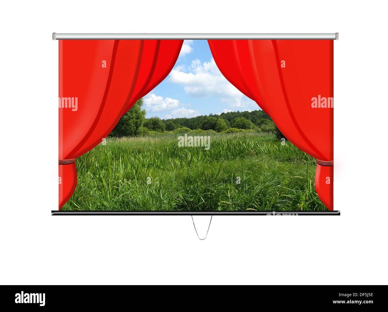 Belle écran blanc avec des rideaux rouges et l'été sur fond de paysage Banque D'Images