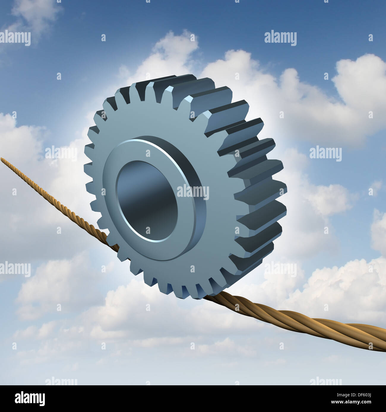 Notion de bilan d'entreprise avec un engrenage ou cog wheel sur un fil d'équilibriste comme une métaphore d'orientation pour le risque d'investissement avec Banque D'Images