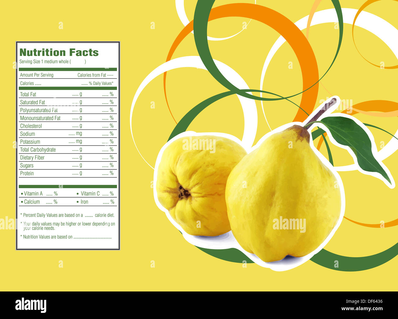 La conception créative pour de coings avec l'étiquette de la valeur nutritive. Banque D'Images