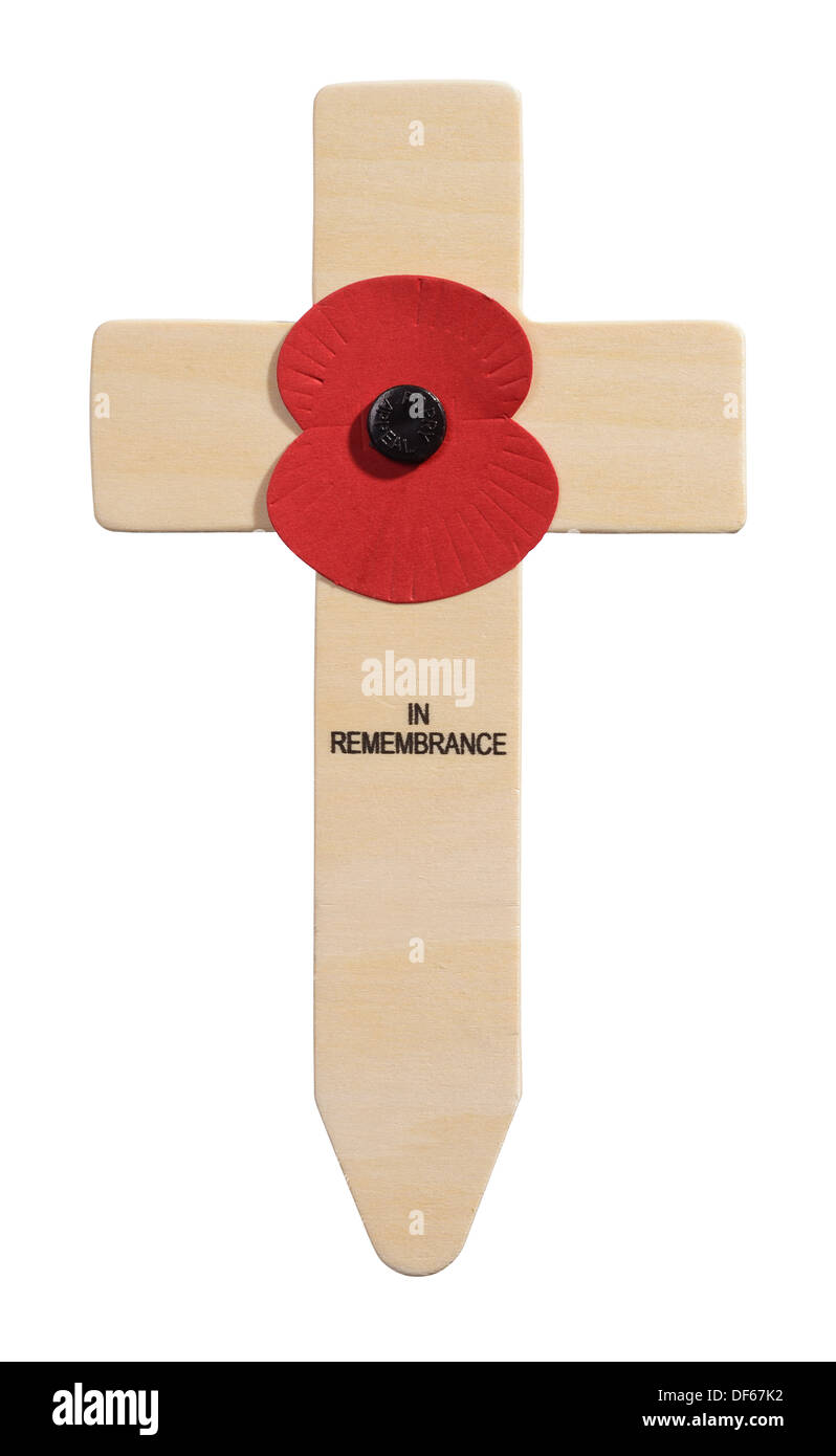 Croix de bois et de pavot rouge en souvenir Banque D'Images