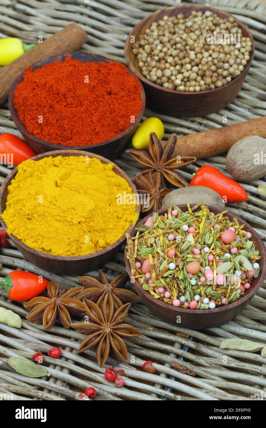 Sélection d'épices indiennes et de piments frais, Close up Banque D'Images