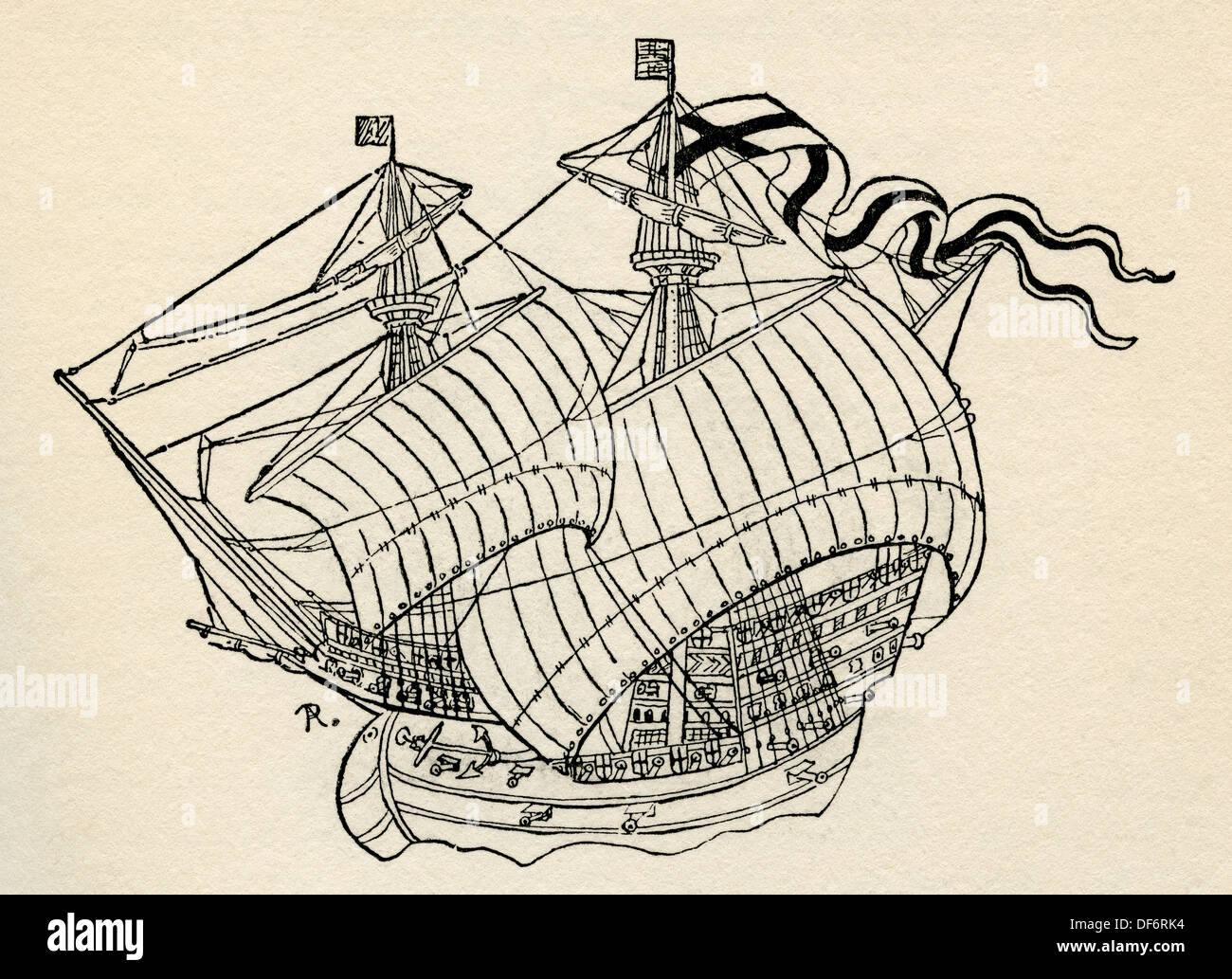 Un bateau anglais de autour de 1540. De La Romance du navire marchand, publié en 1931. Banque D'Images