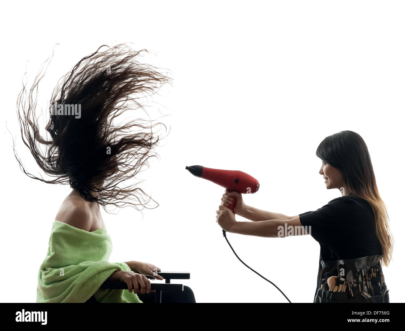 Femme et coiffure en silhouette sur fond blanc Banque D'Images