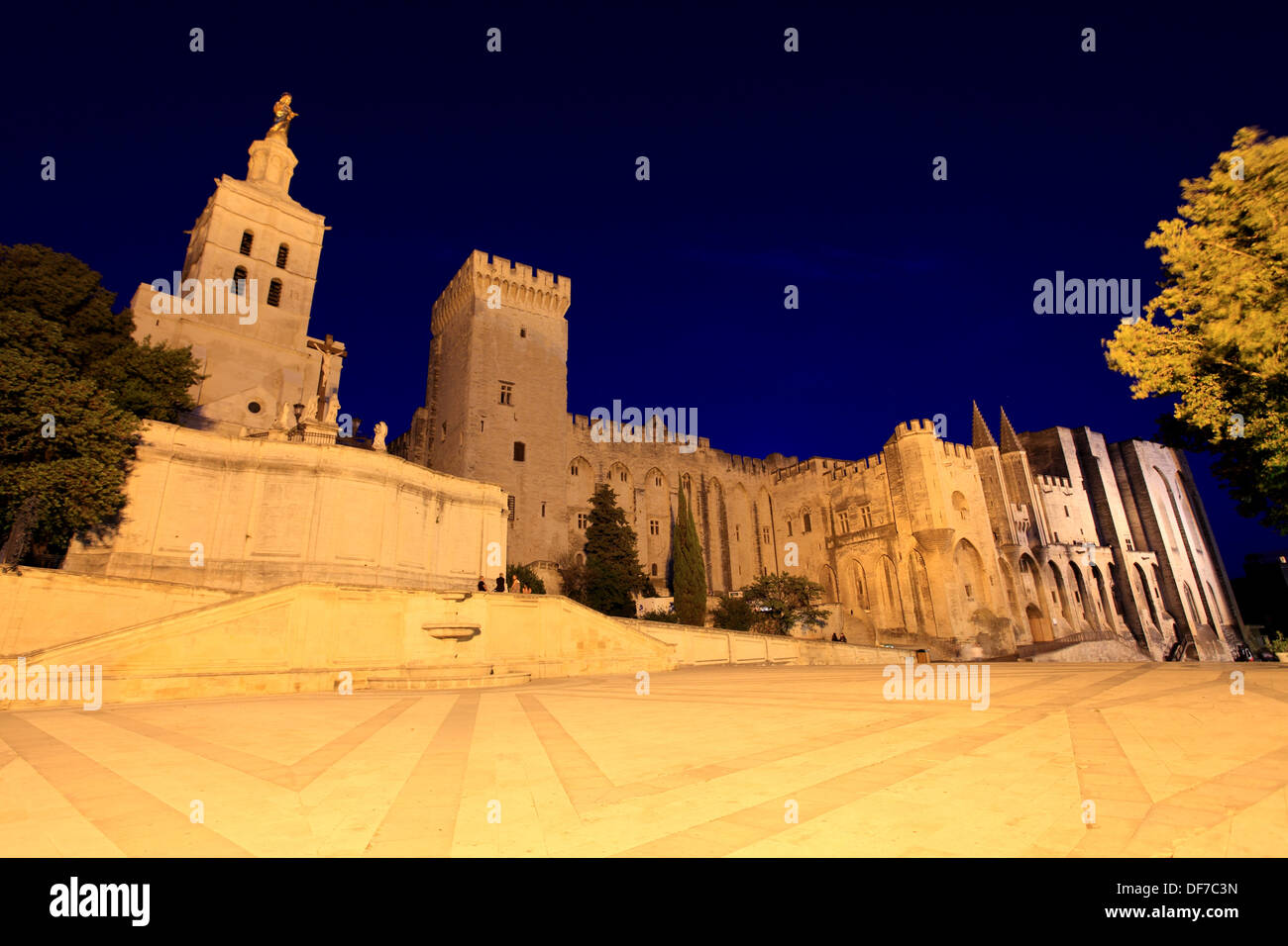 Le palais des Papes à Avignon dans la nuit. Banque D'Images