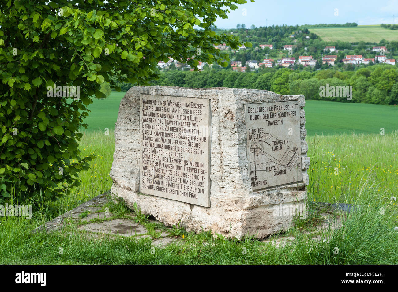 Bloc de pierre, travertin, avec l'information sur la géologie et la colonisation de la vallée de la rivière, où le célèbre Ehringsdorf site Banque D'Images