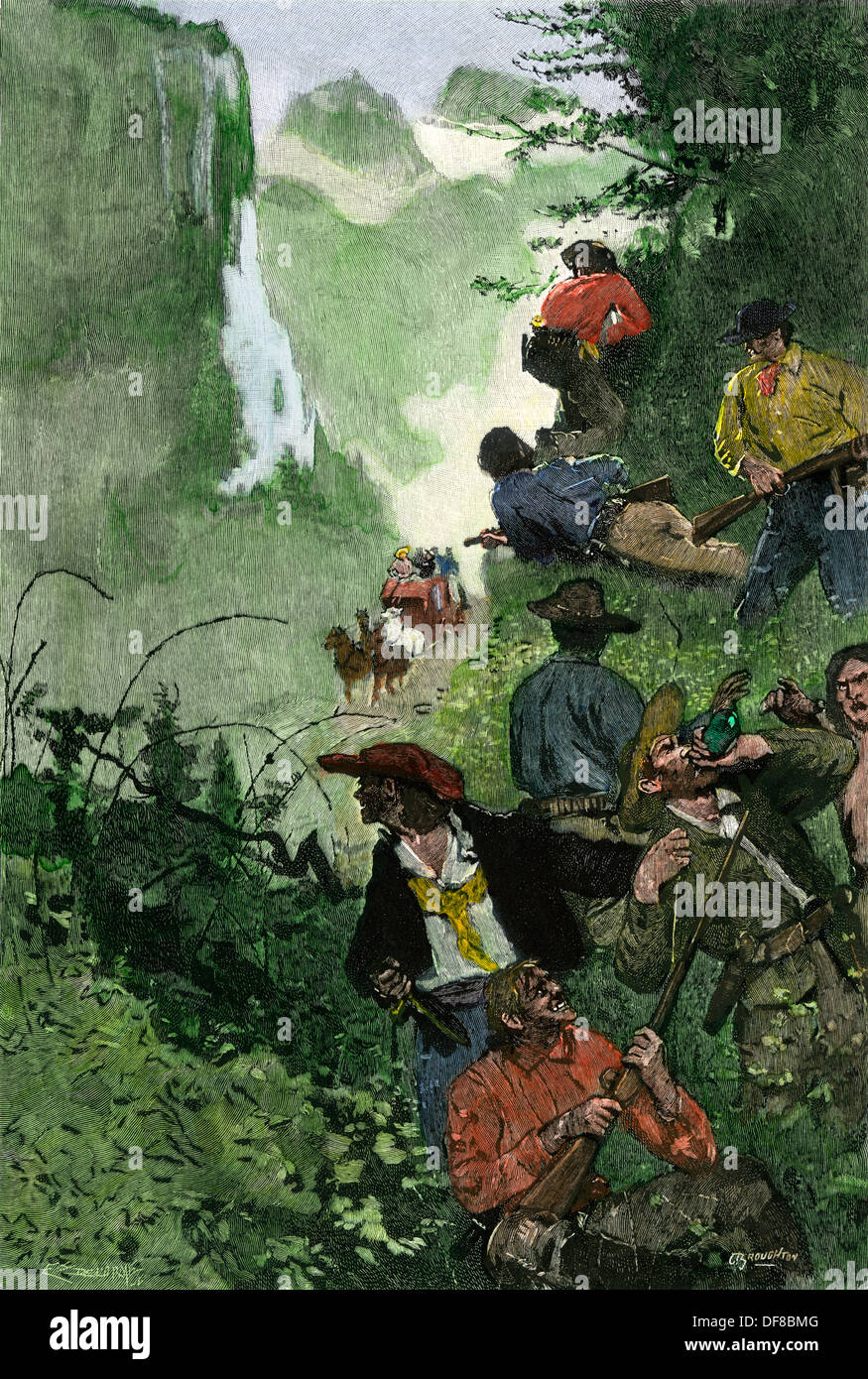 Des bandits en attente d'embuscade une diligence sur une route de montagne, 1800. À la main, gravure sur bois Banque D'Images