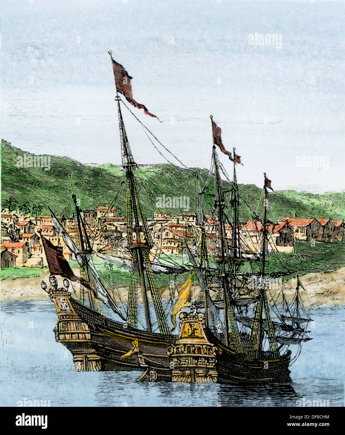 Les navires espagnols dans un port colonial. À la main, gravure sur bois Banque D'Images