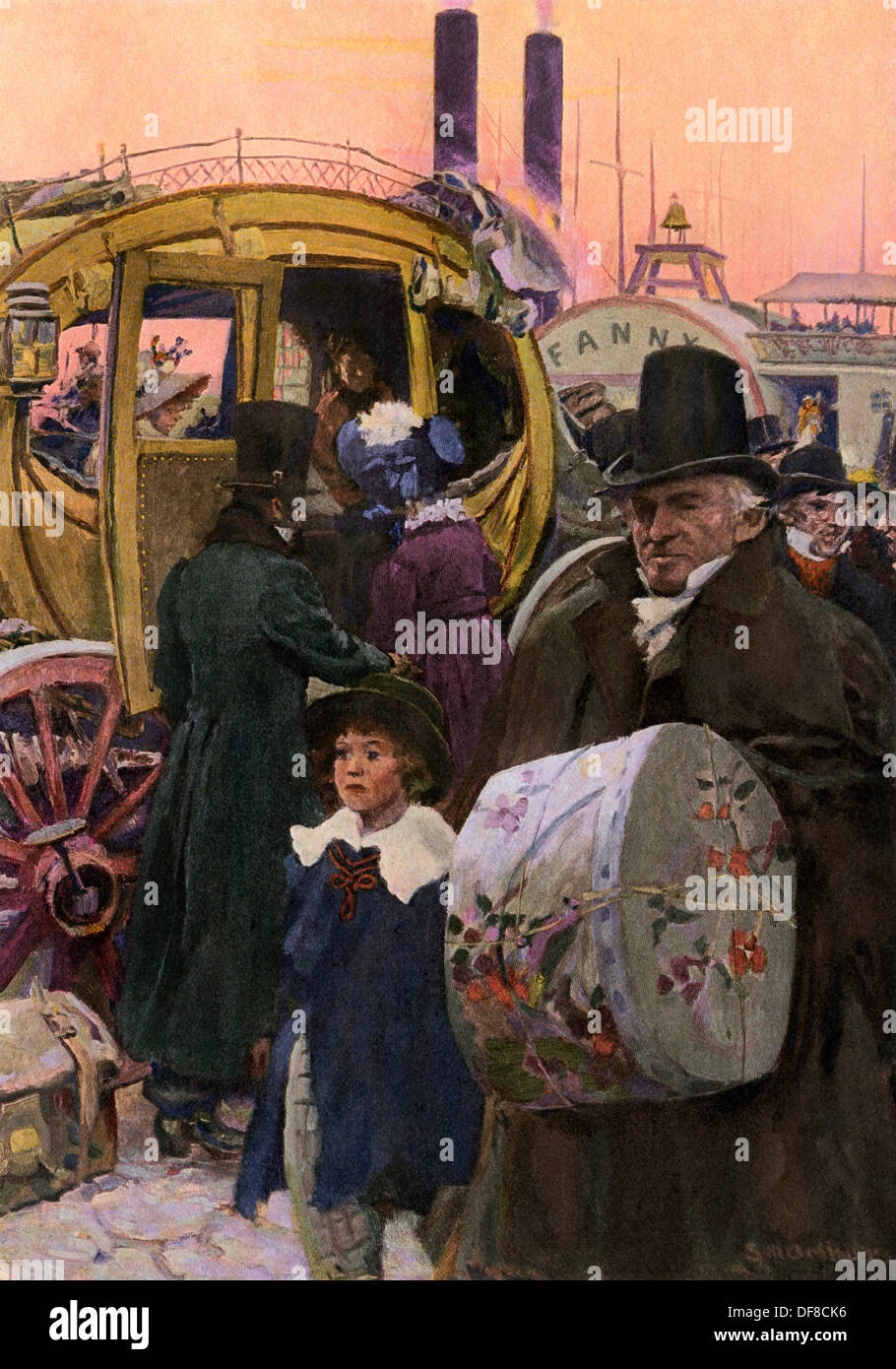 La réunion des foules à steamboat Norwich, Connecticut, début des années 1800. Demi-teinte de couleur d'une illustration d'Arthurs Stanley Banque D'Images