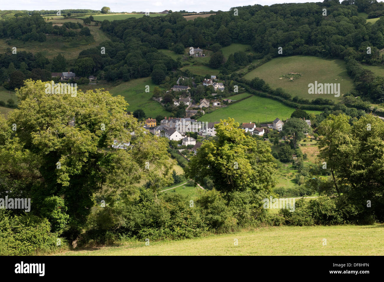 Branscombe village avec des maisons et des petits champs sur la côte jurassique du Devon en été Banque D'Images