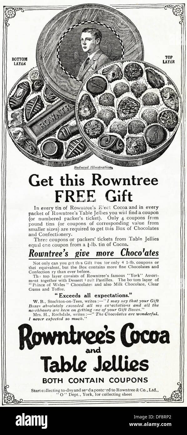 Publicité Publicité originale des années 1920 ROWNTREE'S COCOA & TABLE gelées, revues de consommateurs annonce vers 1924 Banque D'Images