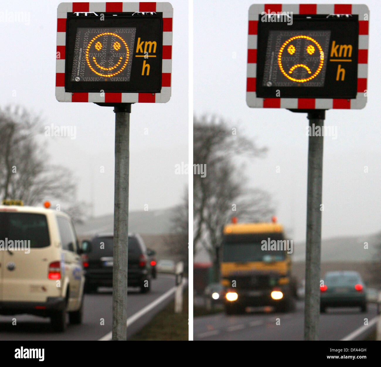 Les limites de vitesse électronique montrent un rire ou sourire smilie, photographié le 13 janvier en 2006. Banque D'Images