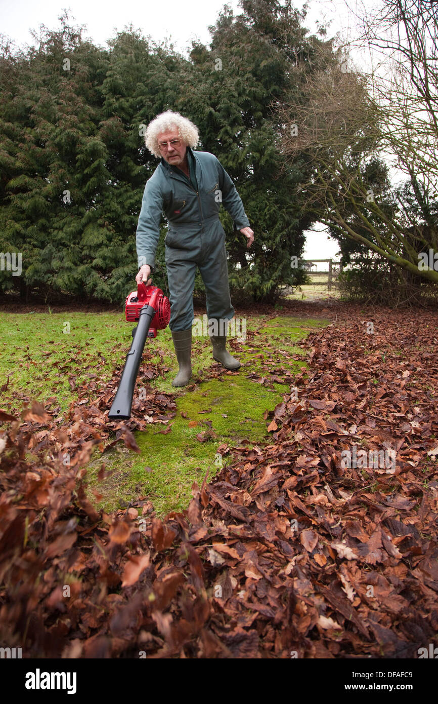 Un homme utilise un ventilateur de feuille dans le jardin, UK Banque D'Images