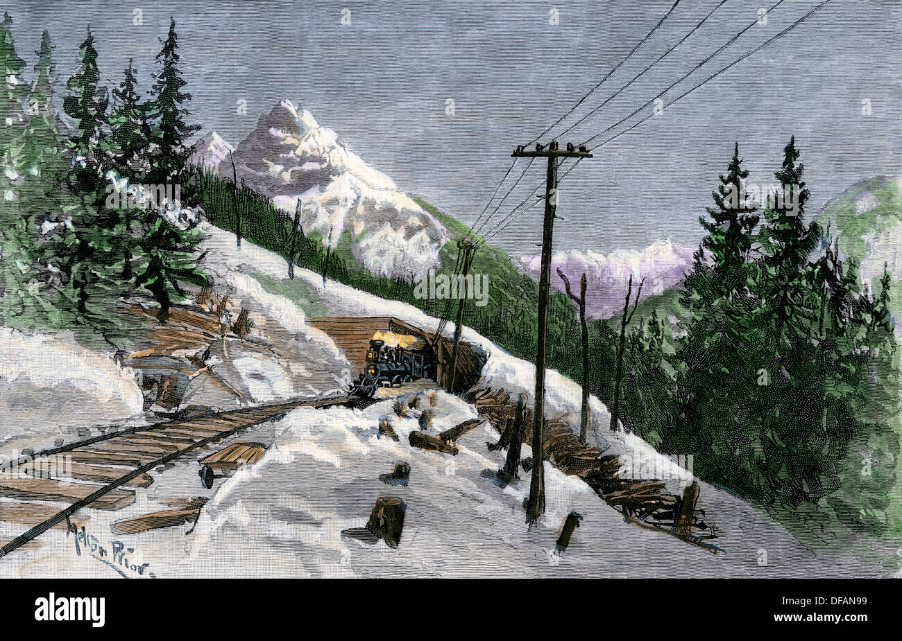 Chemin de fer du Canadien Pacifique snowshed à Ross Peak, British Columbia, 1880. À la main, gravure sur bois Banque D'Images