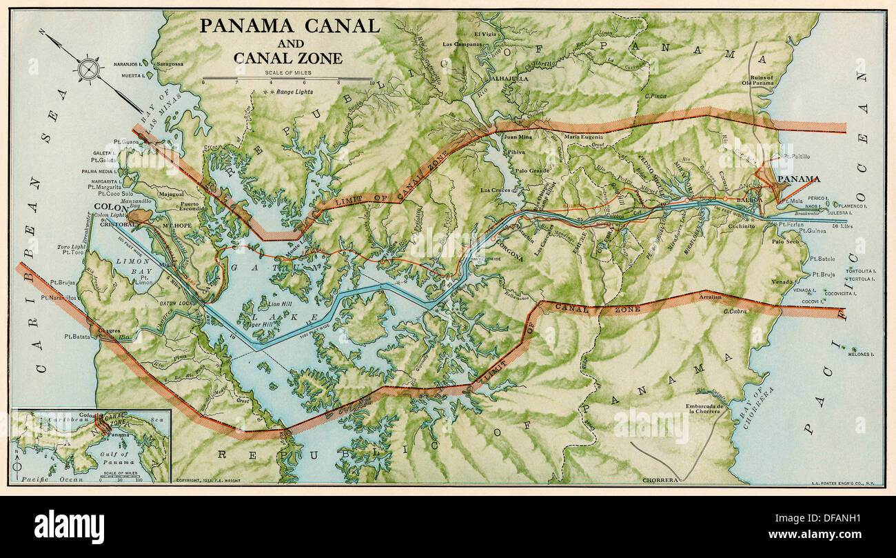 Zone du Canal de Panama, 1913 - carte en diagonale vers la gauche du nord. Lithographie couleur Banque D'Images