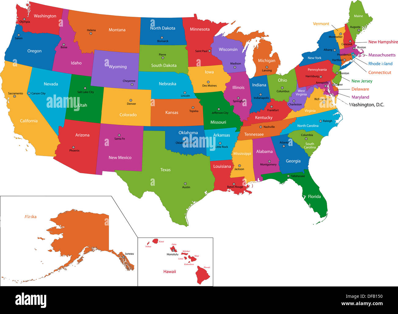 Carte des Etats-unis colorés Banque D'Images