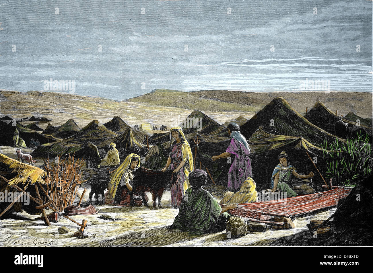 Camp bédouin. La gravure. 19e siècle. Plus tard la couleur. Banque D'Images