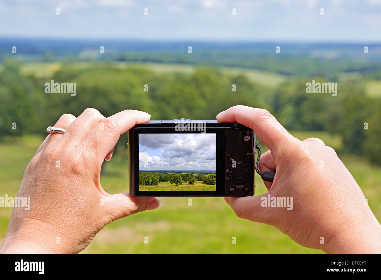 Une femme à l'aide de l'écran LCD arrière pour composer et prendre une photo en mode paysage avec son appareil photo compact numérique à l'aide de visualisation simultanée. Banque D'Images