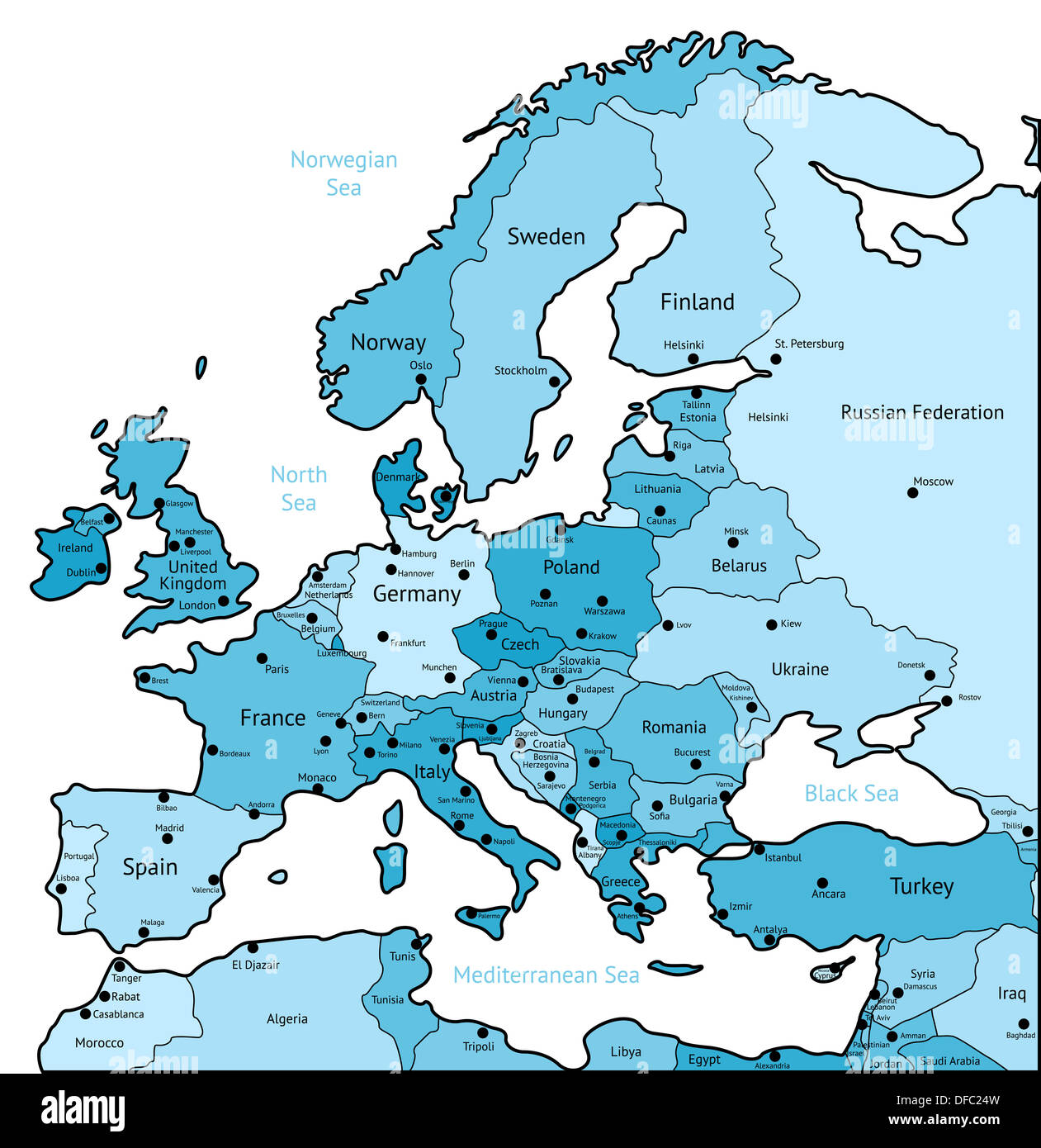 Carte d'Europe de la lumière bleu. Banque D'Images