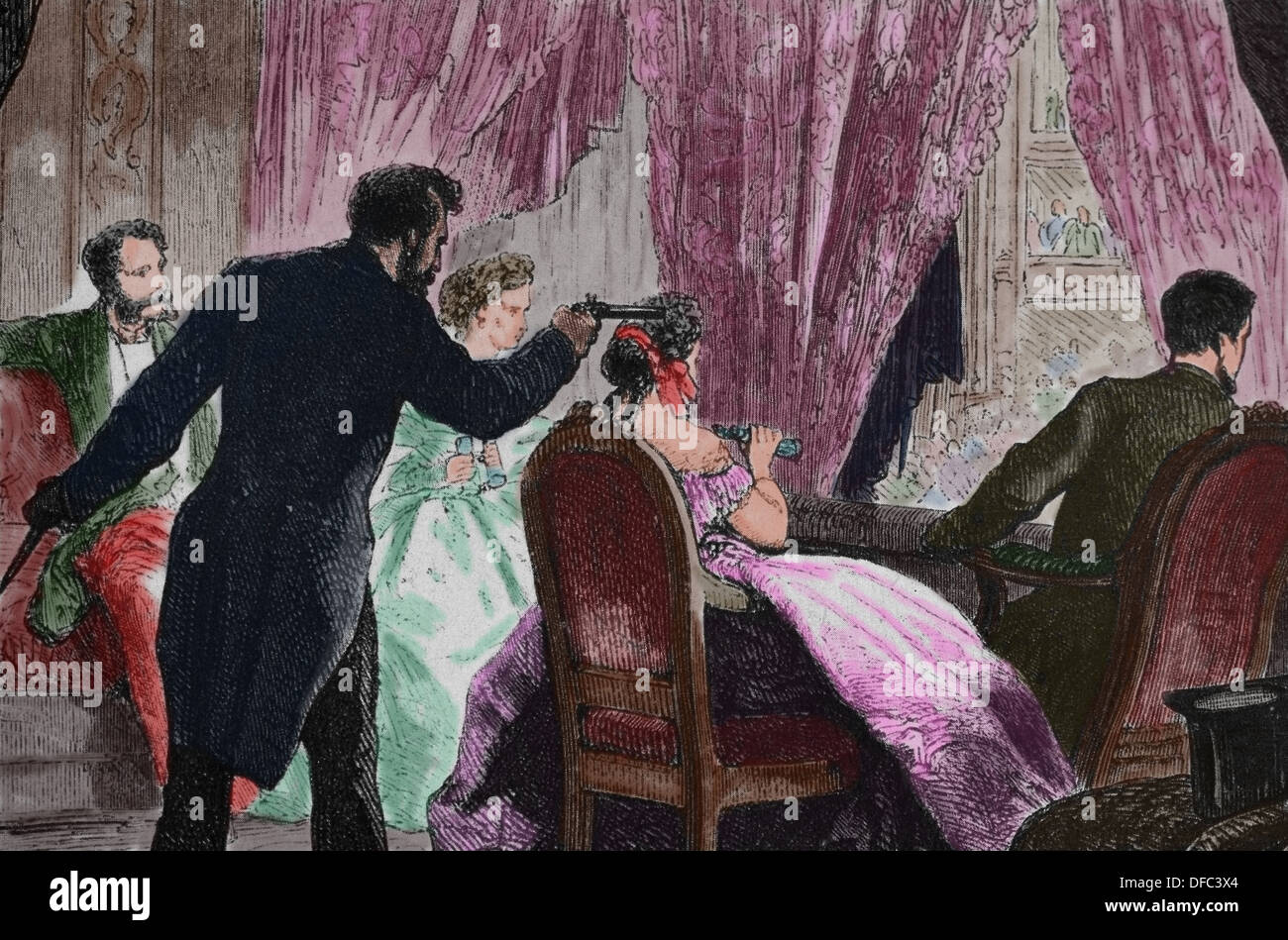 L'assassinat du président Lincoln. Gravure en couleur. Ford's Theater, le 14 avril 1865. Banque D'Images