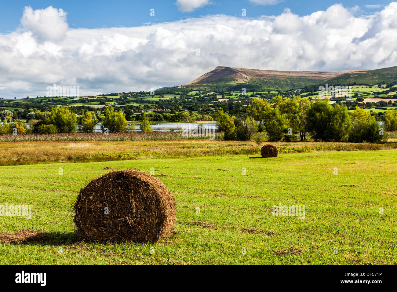 Vue sur les Brecon Beacons sur Llangorse Lake. Banque D'Images