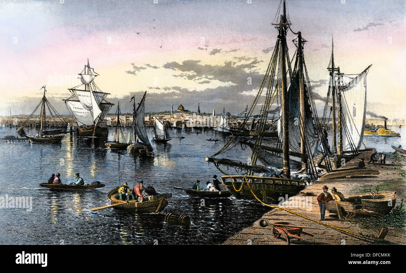 Bateaux de pêche dans le port de Boston, 1870. À la main, gravure sur acier Banque D'Images