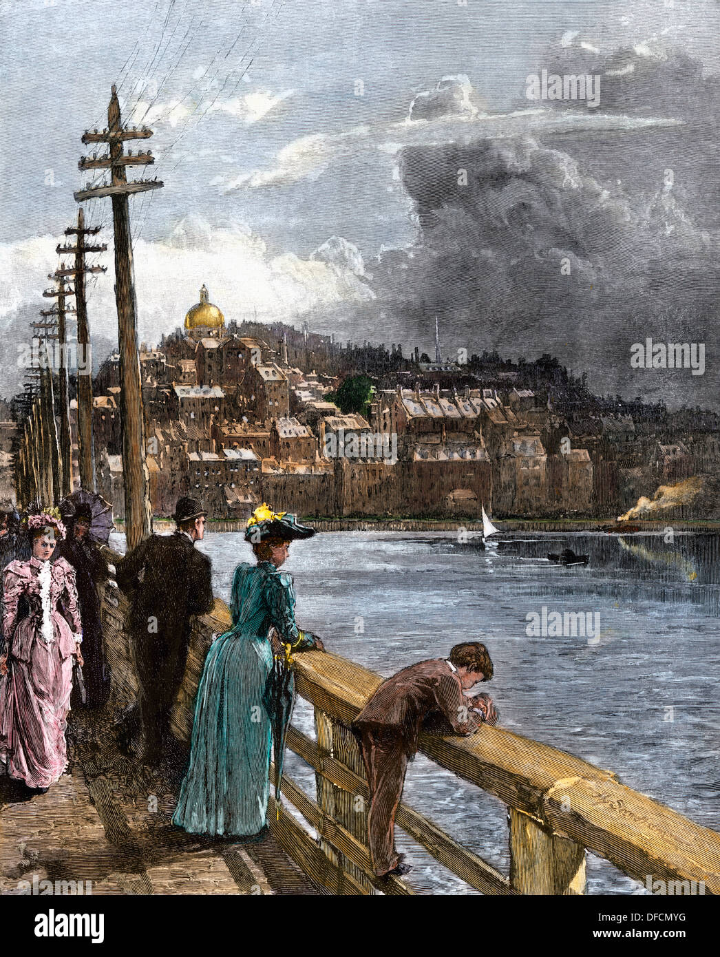 Vue de l'ouest de Beacon Hill Boston pont traversant la rivière Charles, 1890. À la main, gravure sur bois Banque D'Images