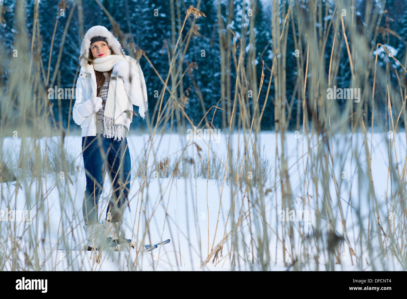 L'hiver, femme avec une randonnée en raquettes qui posent derrière l'horizon, des roseaux Banque D'Images