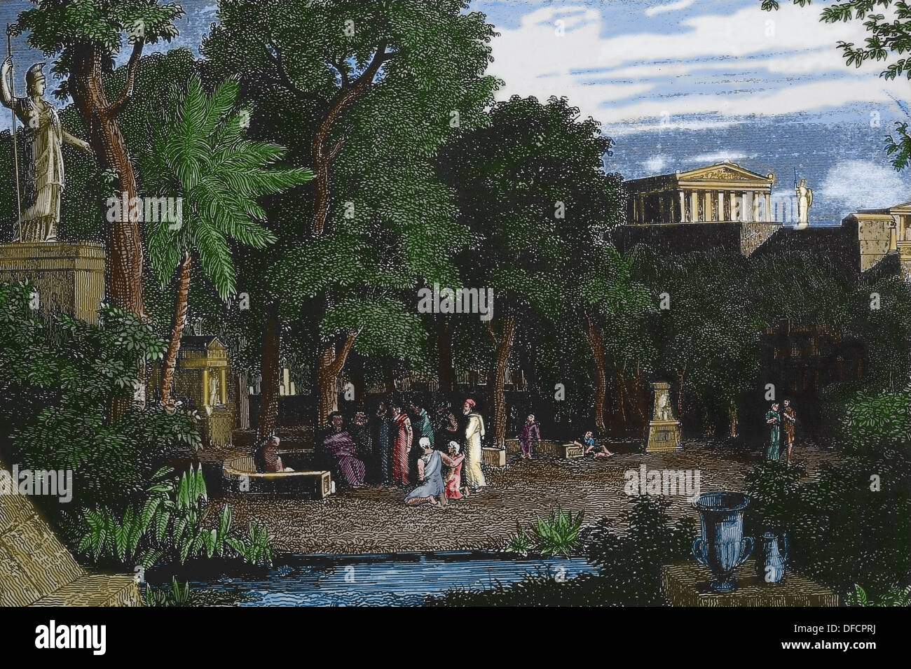 Le jardin du philosophe à Athènes. Gravure en couleur. 19e siècle. Banque D'Images