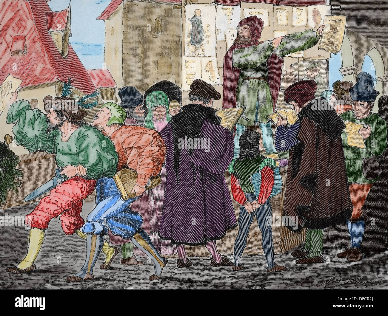 Hawker de livres. L'Allemagne. 16e siècle. Gravure de H. Kaeseberg. 'Germania', 1882. Banque D'Images