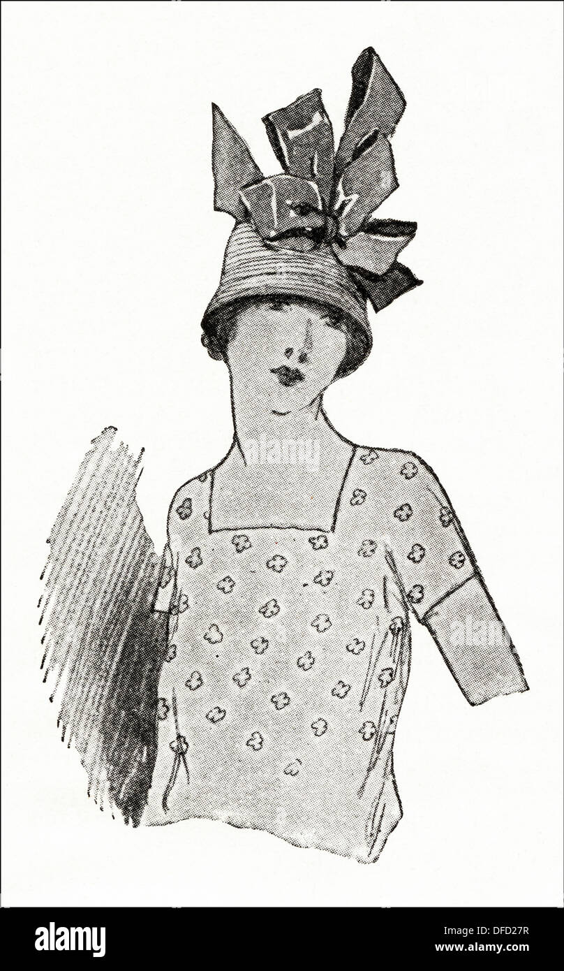 La mode garçonne des années 1920. Robe Tube avec petit chapeau de paille noire et ruban, concepteur inconnu. Illustration originale d'un magazine de mode féminine vers 1924 Banque D'Images