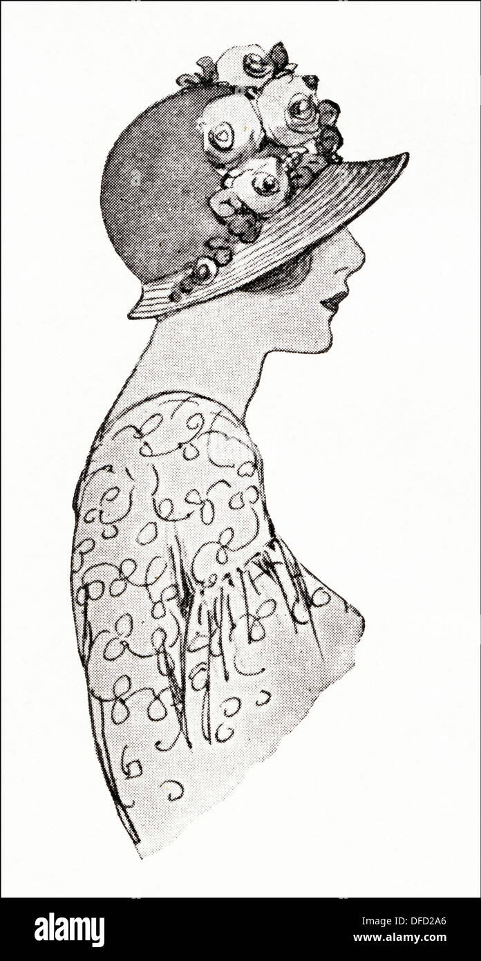 La mode garçonne des années 1920. Hat avec couronne de rose-mauve crêpe et brim paille garni de roses roses, d'inconnu. Illustration originale d'un magazine de mode féminine vers 1924 Banque D'Images