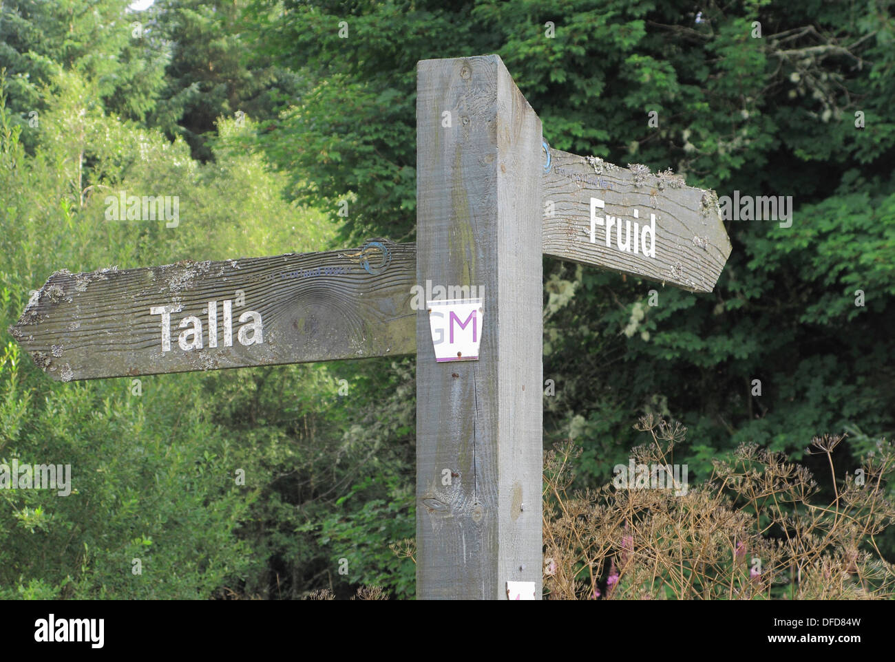 Fingerpost en bois Panneau pour Talla & Fruid Réservoirs, Tweedsmuir, Tweeddale, Borders, Scotland, UK Banque D'Images