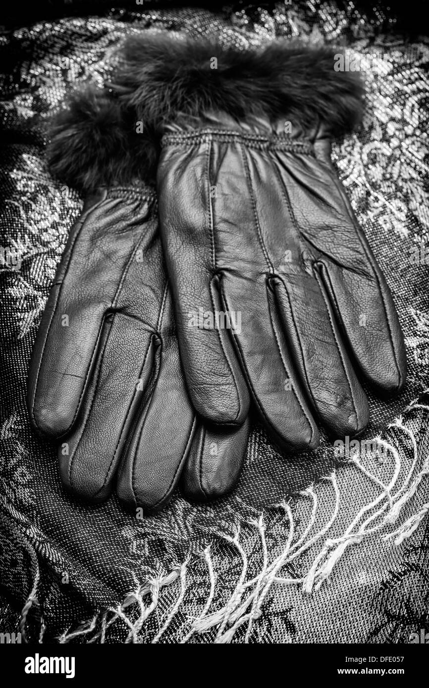 Gants en cuir noir avec une fourrure doublé d'un foulard assortis. Banque D'Images