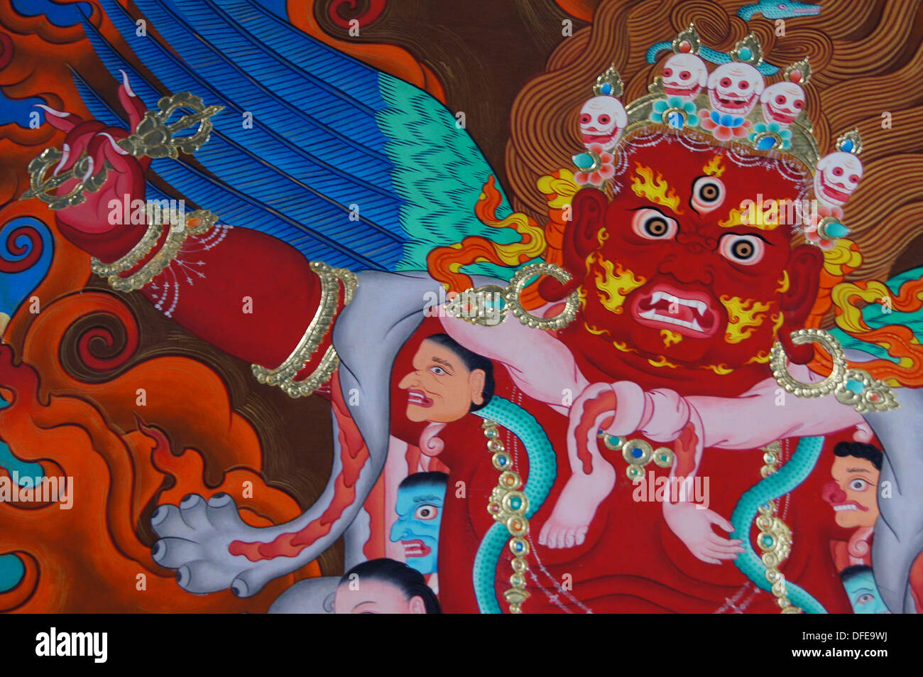 Mahakala fresque au monastère de Stakna, Ladakh, Inde Banque D'Images