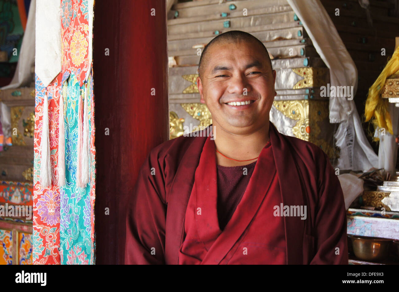 Moine dans le monastère de Stakna, Ladakh, Inde Banque D'Images