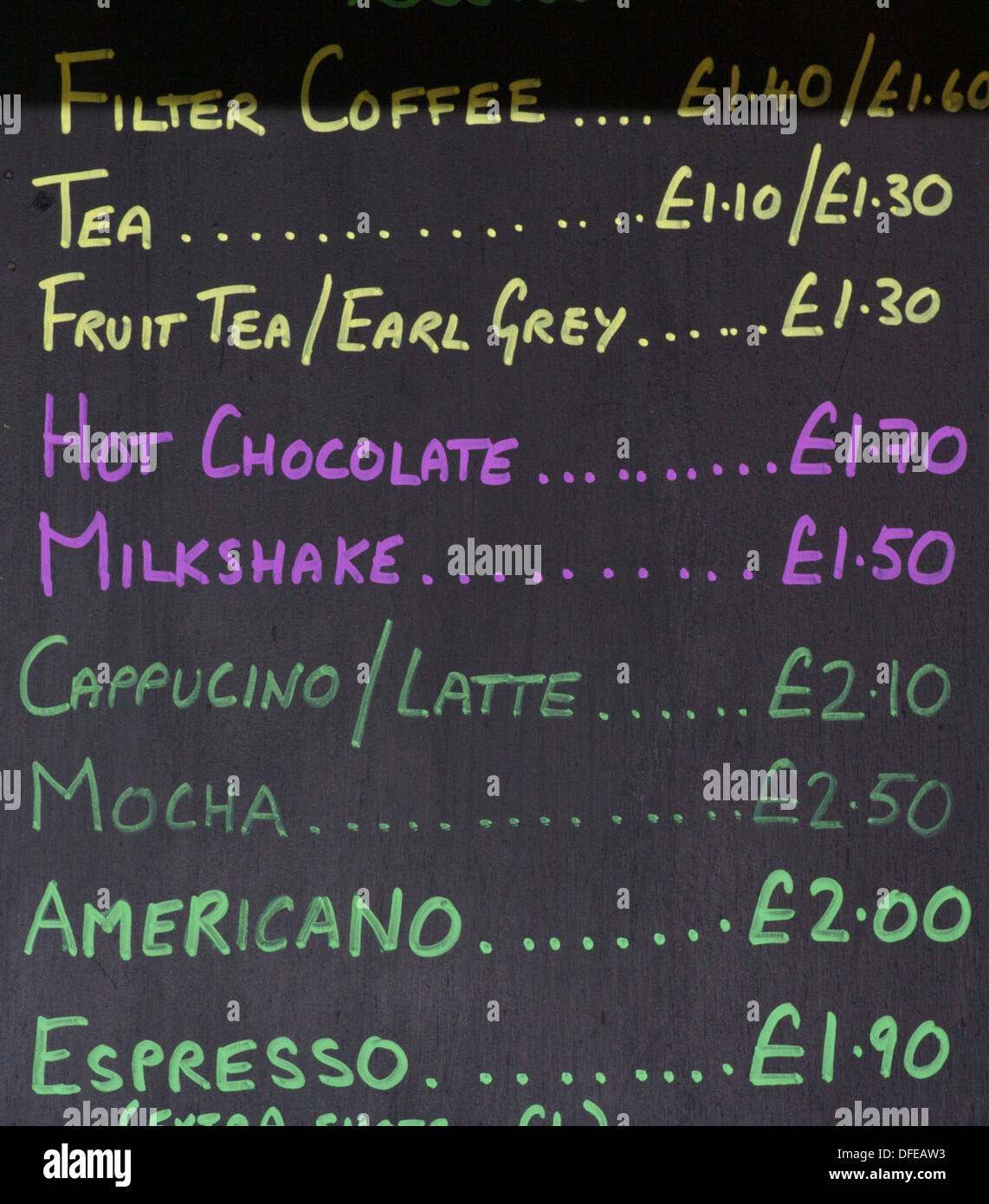 Cafe Menu Boissons chaudes : tableau noir Banque D'Images