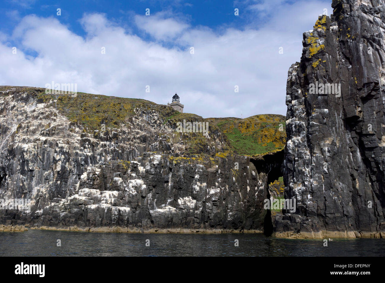 Les falaises de l'île de mai dans le Firth of Forth, Ecosse, blanchis par années de déjections d'oiseaux marins Banque D'Images