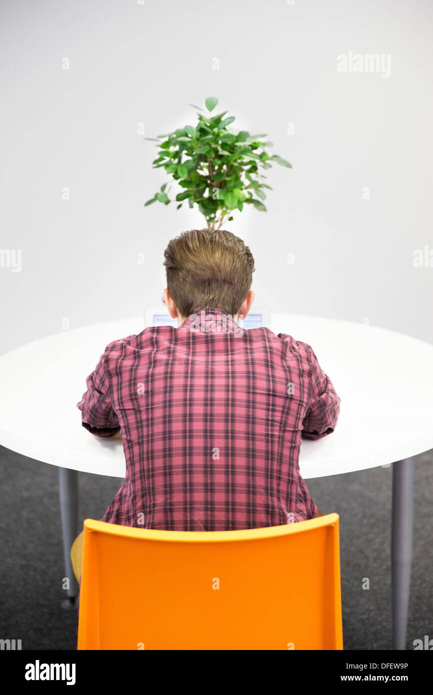 Businessman working at table with plant Banque D'Images