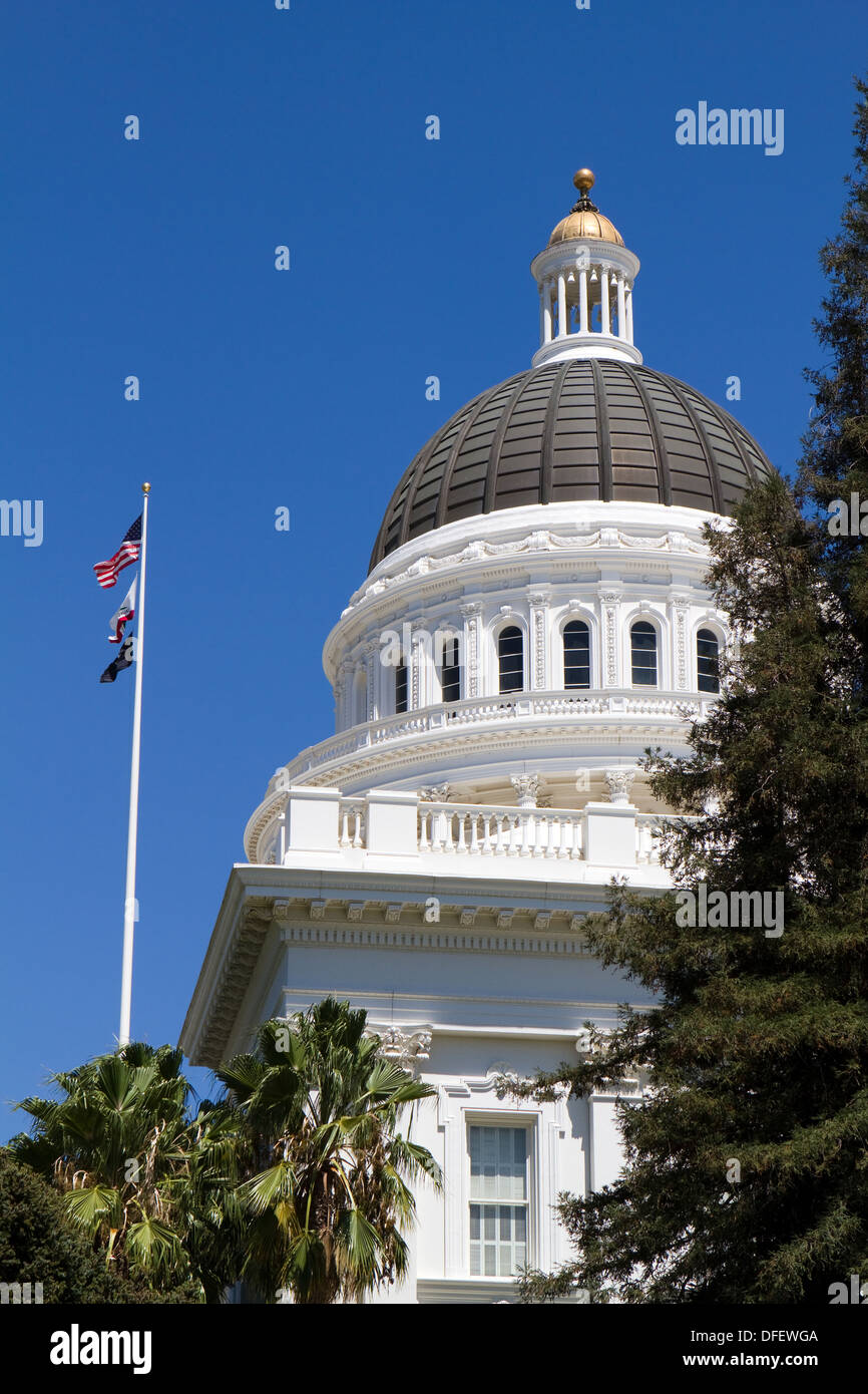 California State Capitol dome et drapeaux contre un ciel bleu. Banque D'Images