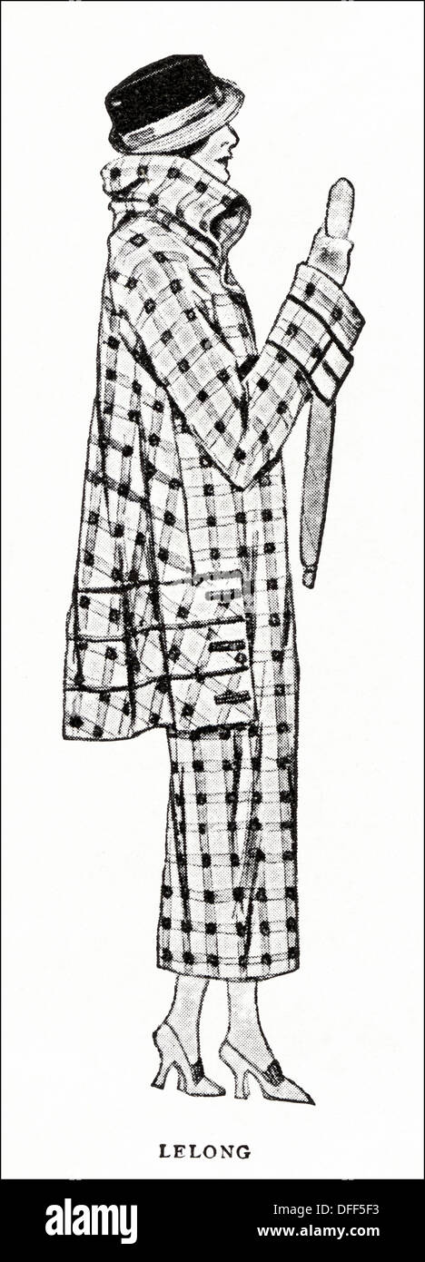 La mode garçonne des années 1920. Tissu de laine noir blanc amd dans une vannerie conception avec galon noir par créateur Lelong. Illustration originale d'un magazine de mode féminine vers 1924 Banque D'Images